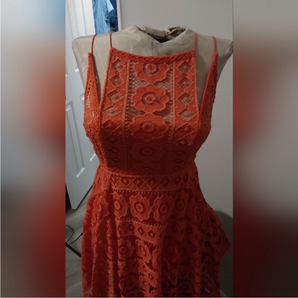 Free People Just Like Honey Orange Lace Mini Sleeveless Dress SZ 0 EUC - Picture 4 of 16